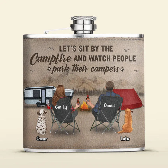 Custom Personalized Camping Leather Flask - Gift Idea For Camping Lover/ Couple/ Family - Couple/ Parents With Upto 3 Kids And 2 Pets - Let's Sit By The Campfire And Watch People Park Their Campers