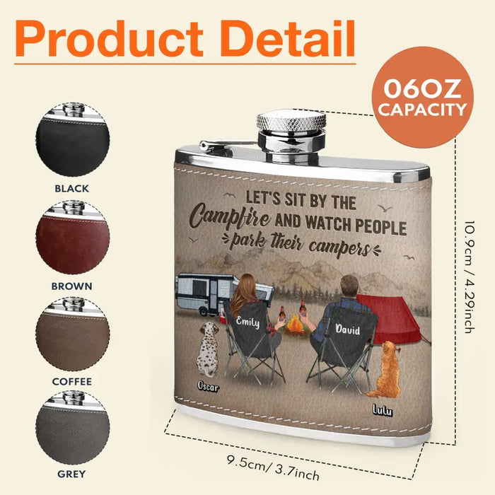 Custom Personalized Camping Leather Flask - Gift Idea For Camping Lover/ Couple/ Family - Couple/ Parents With Upto 3 Kids And 2 Pets - Let's Sit By The Campfire And Watch People Park Their Campers