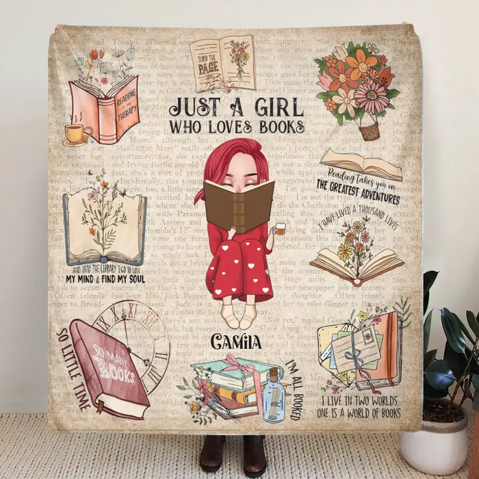 Custom Personalized Reading Girl Quilt/Fleece Throw Blanket/Pillow Cover - Gift Idea For Book Lover - Just A Girl Who Loves Books