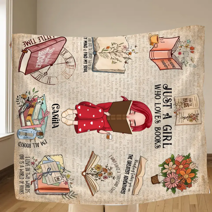 Custom Personalized Reading Girl Quilt/Fleece Throw Blanket/Pillow Cover - Gift Idea For Book Lover - Just A Girl Who Loves Books