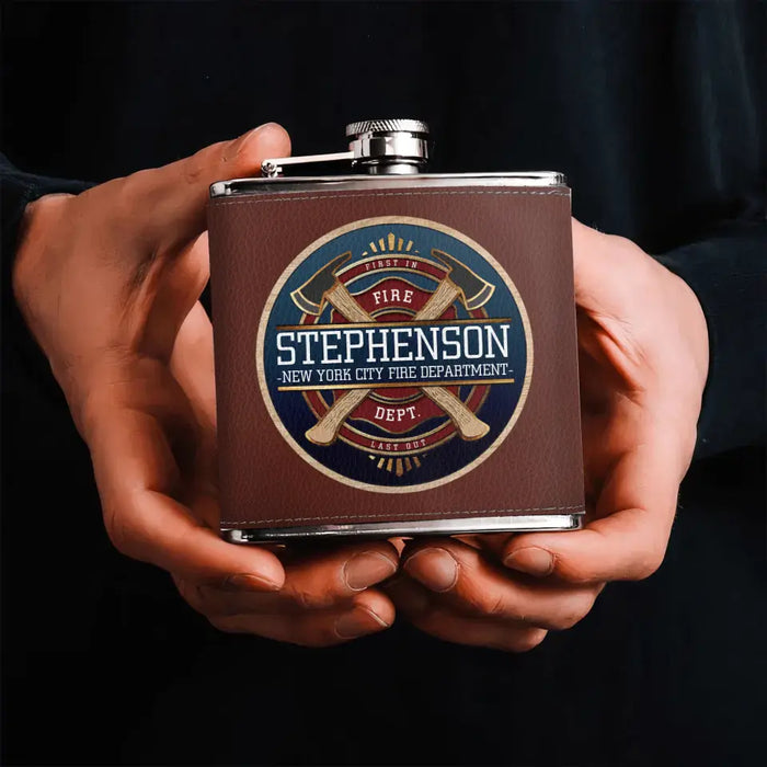 Custom Personalized Firefighter Leather Flask - Father's Day Gift Idea for Firefighter