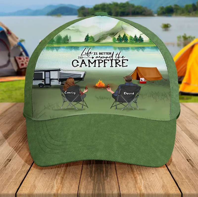 Personalized Camping Baseball Cap - Couple/Parents with up to 2 Children & 4 Pets - Gift Idea for Camping Lovers - Life Is Better Around The Campfire