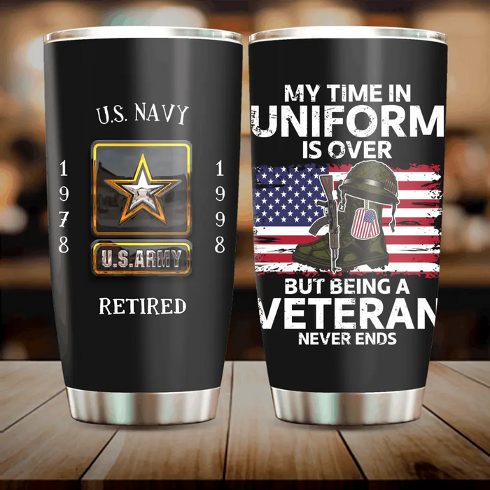 Custom Personalized Retired Veteran Tumbler - Father's Day Gift Idea for Veteran - My Time In Uniform Is Over But Being A Veteran Never Ends