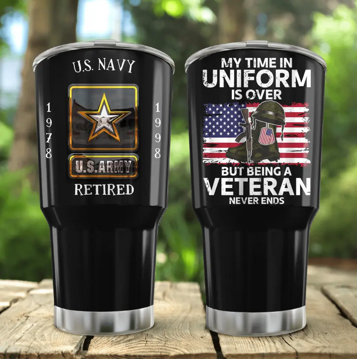 Custom Personalized Retired Veteran Irregular Tumbler - Father's Day Gift Idea for Veteran - My Time In Uniform Is Over But Being A Veteran Never Ends