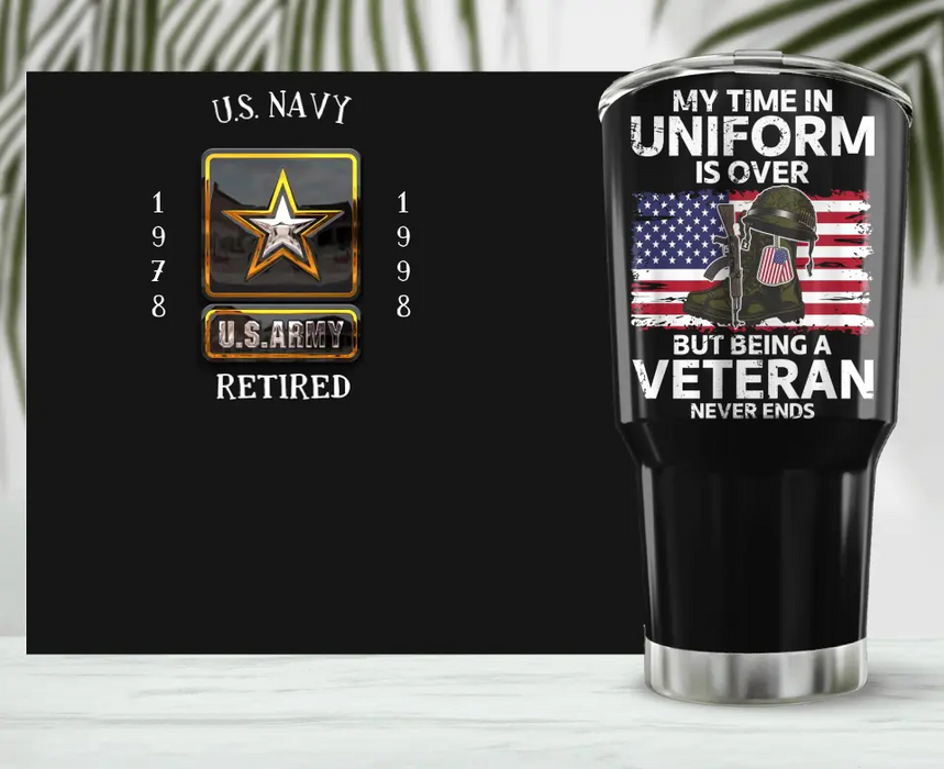 Custom Personalized Retired Veteran Irregular Tumbler - Father's Day Gift Idea for Veteran - My Time In Uniform Is Over But Being A Veteran Never Ends