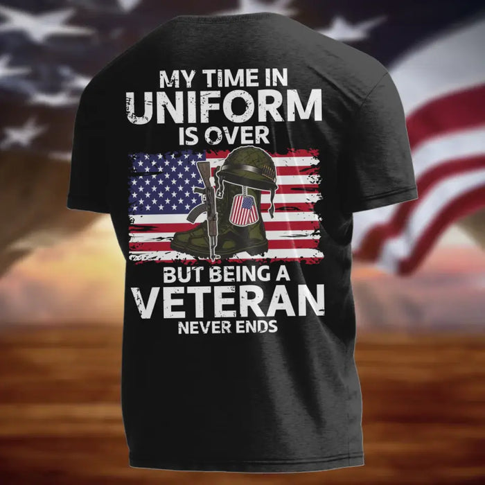 Custom Personalized Veteran AOP Men's T-shirt - Gift Idea For Veteran/ Father's Day -  My Time In Uniform Is Over But Being A Veteran Never Ends