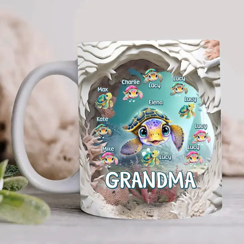 Personalized Grandma With Kids Turtle 3D Effect Coffee Mug - Gift Idea For Grandma/Mom/Mother's Day - Up to 10 Kids