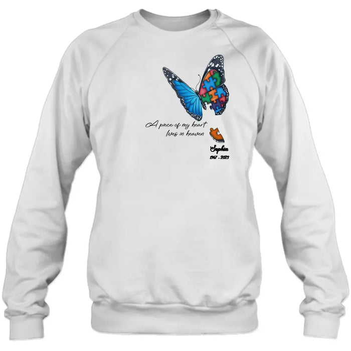 Custom Personalized Memorial Butterfly Shirt/ Hoodie - Upto 4 Puzzles - Memorial Gift Idea for Mother's Day/Father's Day - A Piece Of My Heart Lives In Heaven