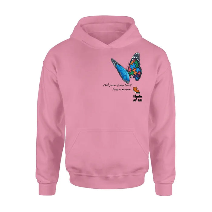 Custom Personalized Memorial Butterfly Shirt/ Hoodie - Upto 4 Puzzles - Memorial Gift Idea for Mother's Day/Father's Day - A Piece Of My Heart Lives In Heaven