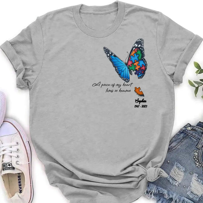 Custom Personalized Memorial Butterfly Shirt/ Hoodie - Upto 4 Puzzles - Memorial Gift Idea for Mother's Day/Father's Day - A Piece Of My Heart Lives In Heaven