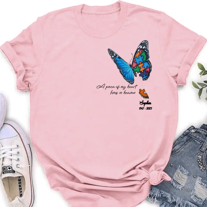 Custom Personalized Memorial Butterfly Shirt/ Hoodie - Upto 4 Puzzles - Memorial Gift Idea for Mother's Day/Father's Day - A Piece Of My Heart Lives In Heaven