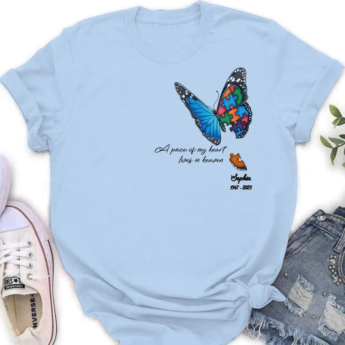 Custom Personalized Memorial Butterfly Shirt/ Hoodie - Upto 4 Puzzles - Memorial Gift Idea for Mother's Day/Father's Day - A Piece Of My Heart Lives In Heaven