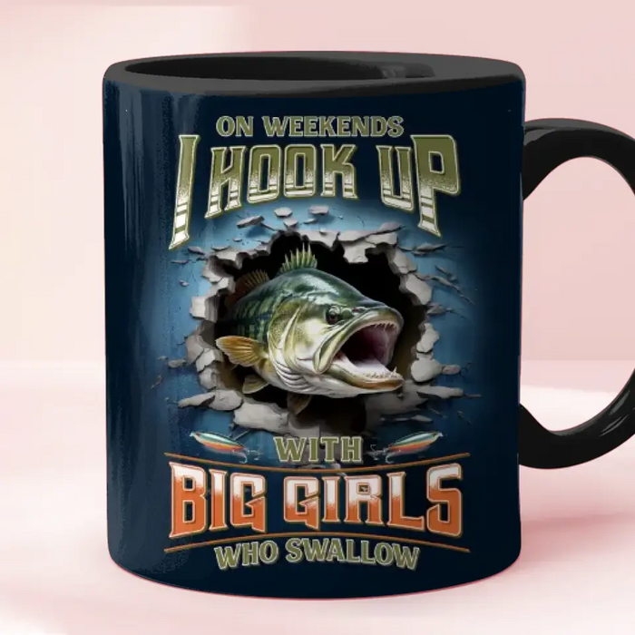 Custom Personalized Fishing Largemouth Bass Break Through Wall Black Coffee Mug - Gift Idea For Fishing Lover/Father's Day/ Birthday - Part Time Hooker