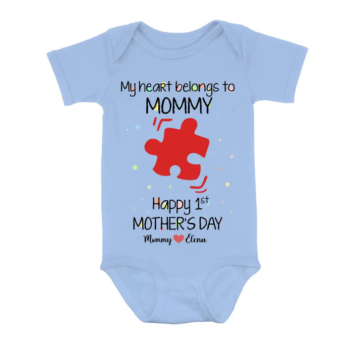 Custom Personalized Mom Baby Onesie/T-Shirt - Mother's Day Gift Idea for Mom & Baby - My Heart Belongs To Mommy