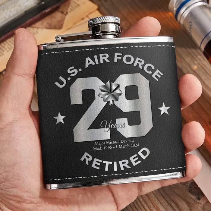 Custom Personalized Retired Veteran Leather Flask - Father's Day Gift Idea for Veteran