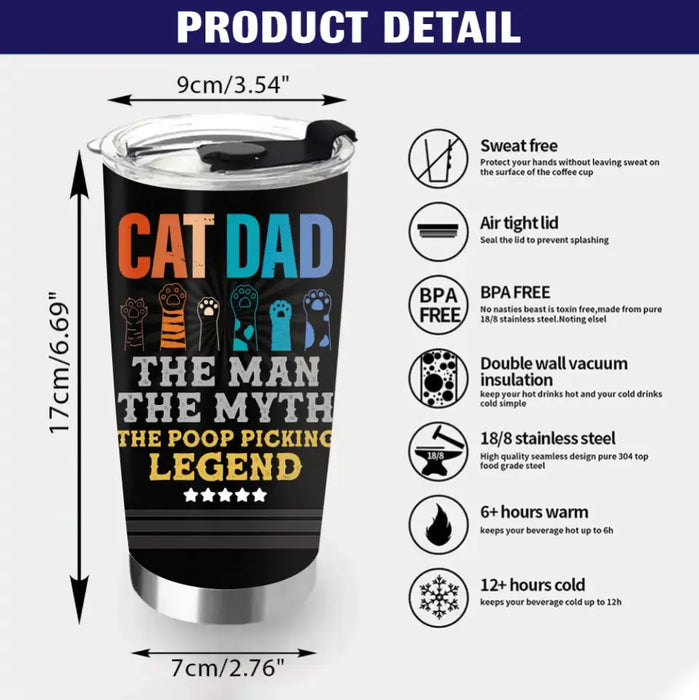 Custom Personalized Cat Dad Tumbler - Father's Day Gift To Cat Lover - Upto 7 Cats - Cat Dad The Man The Myth The Poop Picking Legend