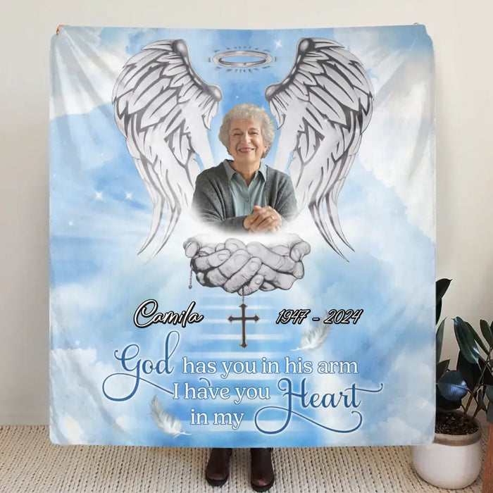 Custom Personalized Memorial Fleece Throw/ Quilt Blanket - Upload Photo - Memorial Gift Idea For Family Member - God Has You In His Arms I Have You In My Heart