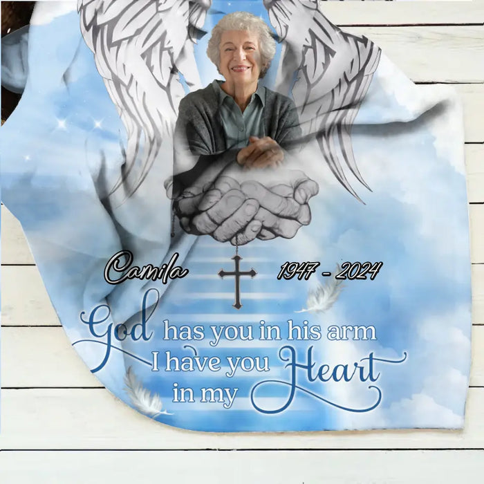 Custom Personalized Memorial Fleece Throw/ Quilt Blanket - Upload Photo - Memorial Gift Idea For Family Member - God Has You In His Arms I Have You In My Heart