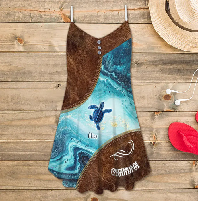 Custom Personalized Sea Turtle Grandma All-Over Print Women's V-neck Cami Dress - Upto 10 Kids - Gift To Grandma/ Mother/ Mother's Day/ Summer