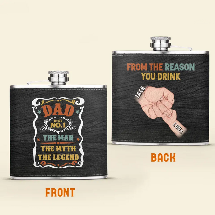 Custom Personalized Dad Leather Flask - Upto 5 Kids - Father's Day Gift Idea for Dad - The Man The Myth The Legend