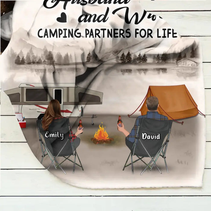 Custom Personalized Retro Vintage Camping Quilt/ Fleece Throw Blanket - Gift Idea For Family/Camping Lover - Couple/ Parents/ Single Parent With Up to 5 Kids And 4 Pets - Happy Campers