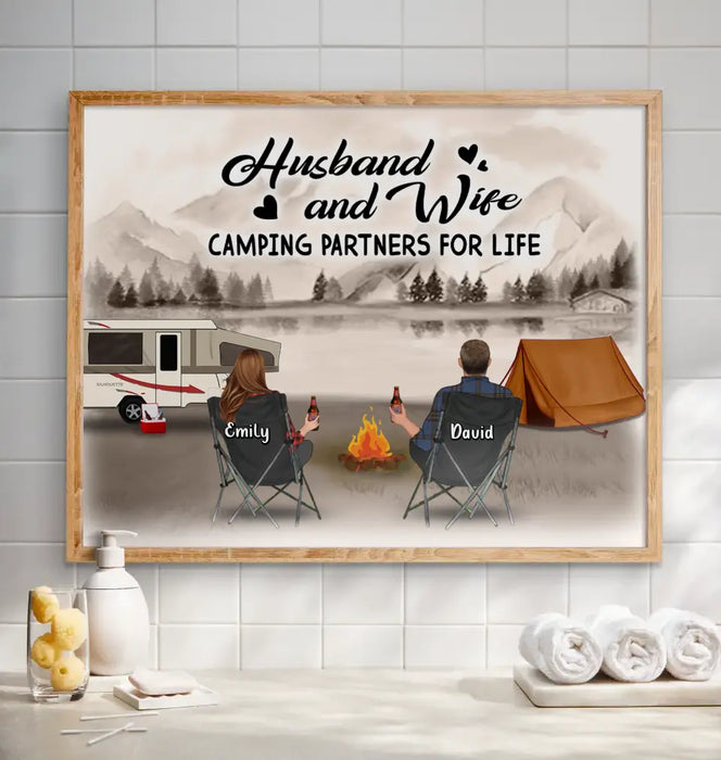 Custom Personalized Retro Vintage Camping Poster - Gift Idea For Family/Camping Lover - Couple/ Parents/ Single Parent With Up to 3 Kids And 4 Pets - Happy Campers