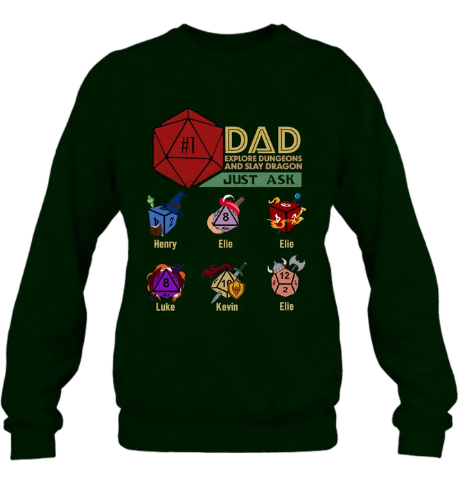 Custom Personalized #1 DAD Explore Dungeons And Slay Dragon Shirt/Hoodie -  Gift Idea for Father's Day - Upto 6 Kids