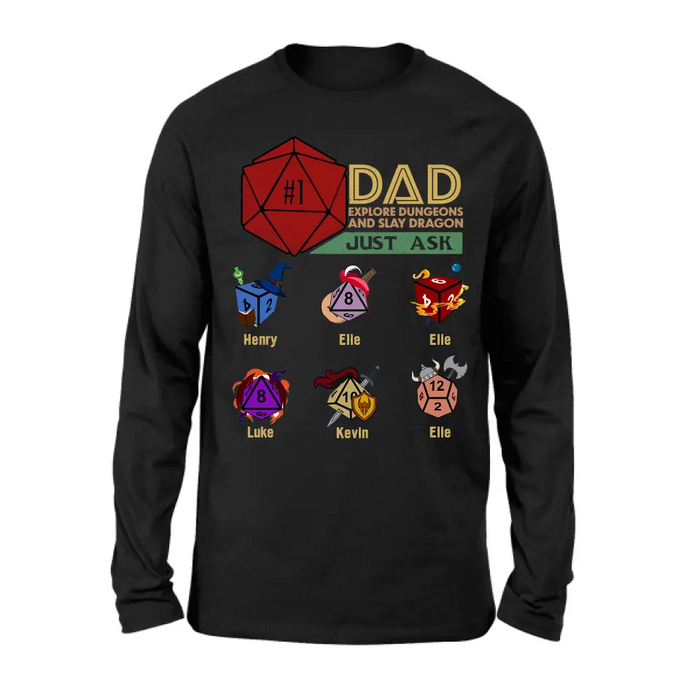 Custom Personalized #1 DAD Explore Dungeons And Slay Dragon Shirt/Hoodie -  Gift Idea for Father's Day - Upto 6 Kids