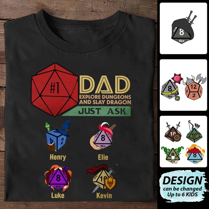 Custom Personalized #1 DAD Explore Dungeons And Slay Dragon Shirt/Hoodie -  Gift Idea for Father's Day - Upto 6 Kids