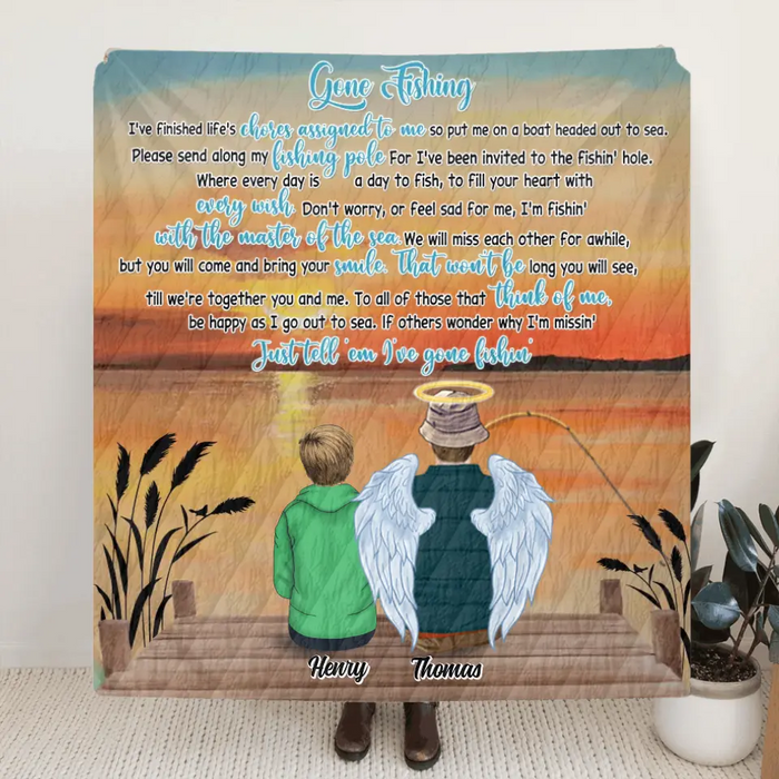 Custom Personalized Gone Fishing In Heaven Single Layer Fleece Blanket/ Quilt Blanket - Memorial Gift Idea For Dad