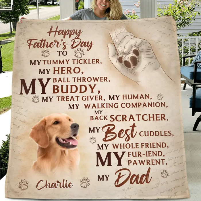 Custom Personalized Father's Day Fleece Throw Blanket - Gift Idea For Dog Owner - Upload Dog Photo - Happy Father's Day To My Hero