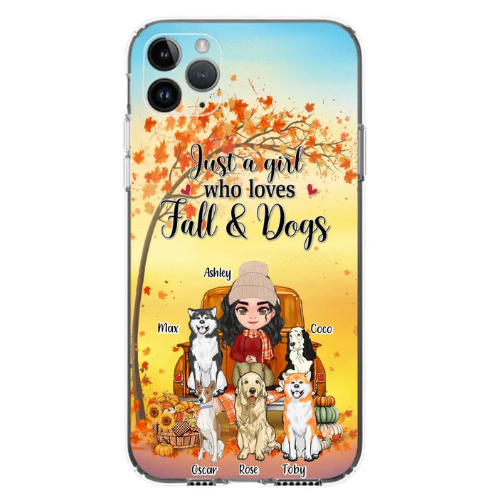 Custom Personalized Dog Mom Fall Season Phone Case - Autumn Gift Idea For Dog Owners - Upto 5 Dogs -  Case For iPhone/Samsung - Just A Girl Who Loves Fall & Dogs