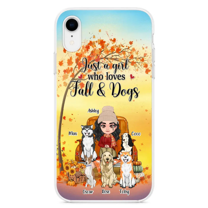 Custom Personalized Dog Mom Fall Season Phone Case - Autumn Gift Idea For Dog Owners - Upto 5 Dogs -  Case For iPhone/Samsung - Just A Girl Who Loves Fall & Dogs