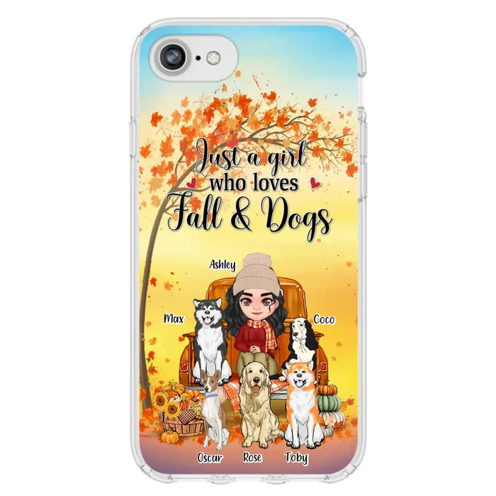 Custom Personalized Dog Mom Fall Season Phone Case - Autumn Gift Idea For Dog Owners - Upto 5 Dogs -  Case For iPhone/Samsung - Just A Girl Who Loves Fall & Dogs