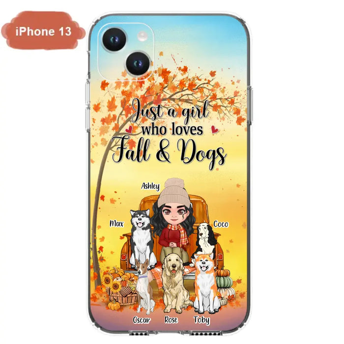 Custom Personalized Dog Mom Fall Season Phone Case - Autumn Gift Idea For Dog Owners - Upto 5 Dogs -  Case For iPhone/Samsung - Just A Girl Who Loves Fall & Dogs