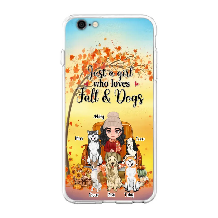 Custom Personalized Dog Mom Fall Season Phone Case - Autumn Gift Idea For Dog Owners - Upto 5 Dogs -  Case For iPhone/Samsung - Just A Girl Who Loves Fall & Dogs