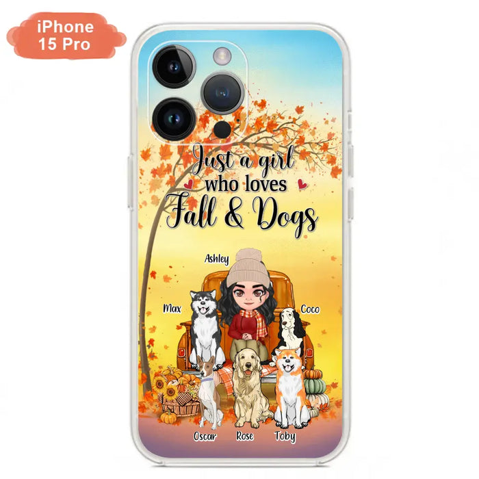 Custom Personalized Dog Mom Fall Season Phone Case - Autumn Gift Idea For Dog Owners - Upto 5 Dogs -  Case For iPhone/Samsung - Just A Girl Who Loves Fall & Dogs