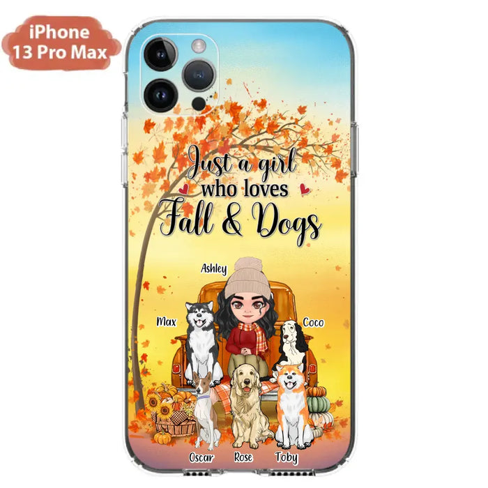 Custom Personalized Dog Mom Fall Season Phone Case - Autumn Gift Idea For Dog Owners - Upto 5 Dogs -  Case For iPhone/Samsung - Just A Girl Who Loves Fall & Dogs