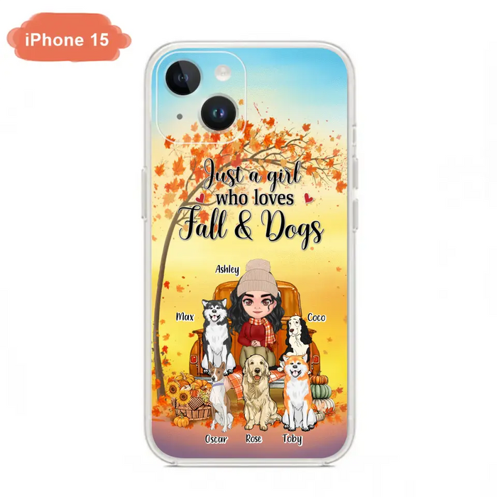 Custom Personalized Dog Mom Fall Season Phone Case - Autumn Gift Idea For Dog Owners - Upto 5 Dogs -  Case For iPhone/Samsung - Just A Girl Who Loves Fall & Dogs