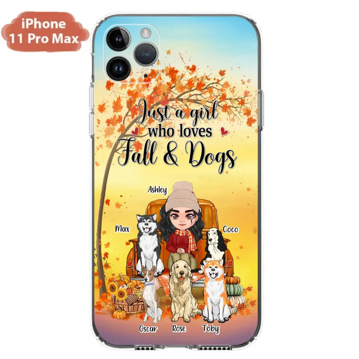 Custom Personalized Dog Mom Fall Season Phone Case - Autumn Gift Idea For Dog Owners - Upto 5 Dogs -  Case For iPhone/Samsung - Just A Girl Who Loves Fall & Dogs