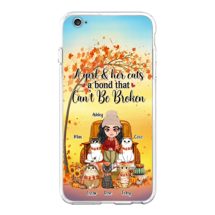 Custom Personalized Cat Mom Fall Season Phone Case - Gift Idea For Cat Owners - Upto 5 Cats -  Case For iPhone/Samsung - A Girl & Her Cats A Bond That Can't Be Broken