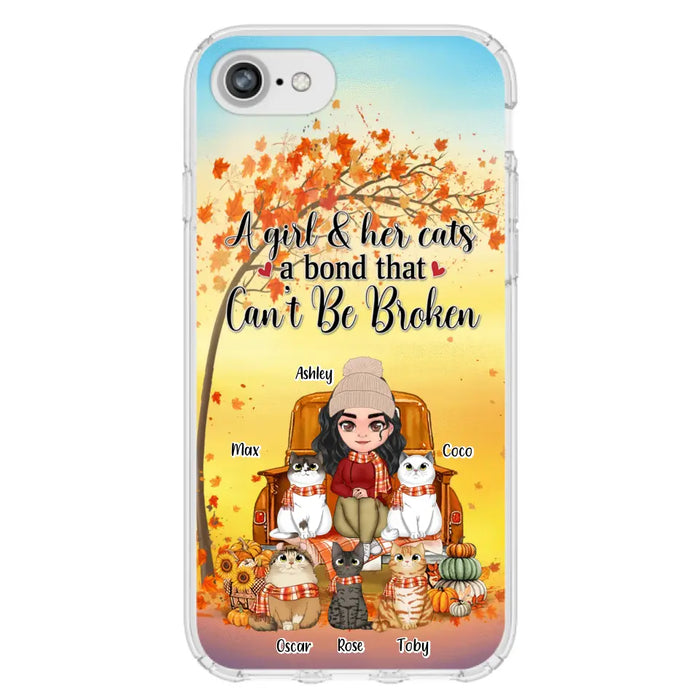 Custom Personalized Cat Mom Fall Season Phone Case - Gift Idea For Cat Owners - Upto 5 Cats -  Case For iPhone/Samsung - A Girl & Her Cats A Bond That Can't Be Broken