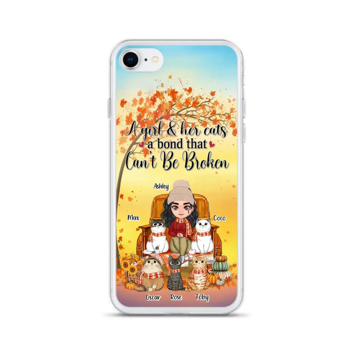 Custom Personalized Cat Mom Fall Season Phone Case - Gift Idea For Cat Owners - Upto 5 Cats -  Case For iPhone/Samsung - A Girl & Her Cats A Bond That Can't Be Broken