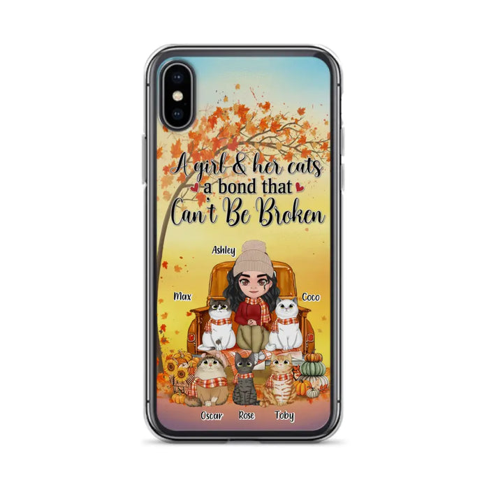 Custom Personalized Cat Mom Fall Season Phone Case - Gift Idea For Cat Owners - Upto 5 Cats -  Case For iPhone/Samsung - A Girl & Her Cats A Bond That Can't Be Broken