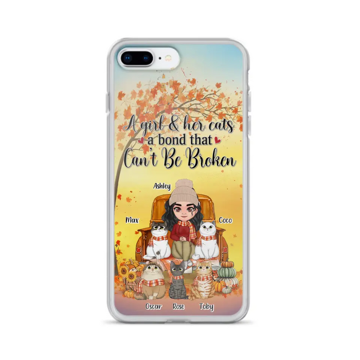 Custom Personalized Cat Mom Fall Season Phone Case - Gift Idea For Cat Owners - Upto 5 Cats -  Case For iPhone/Samsung - A Girl & Her Cats A Bond That Can't Be Broken