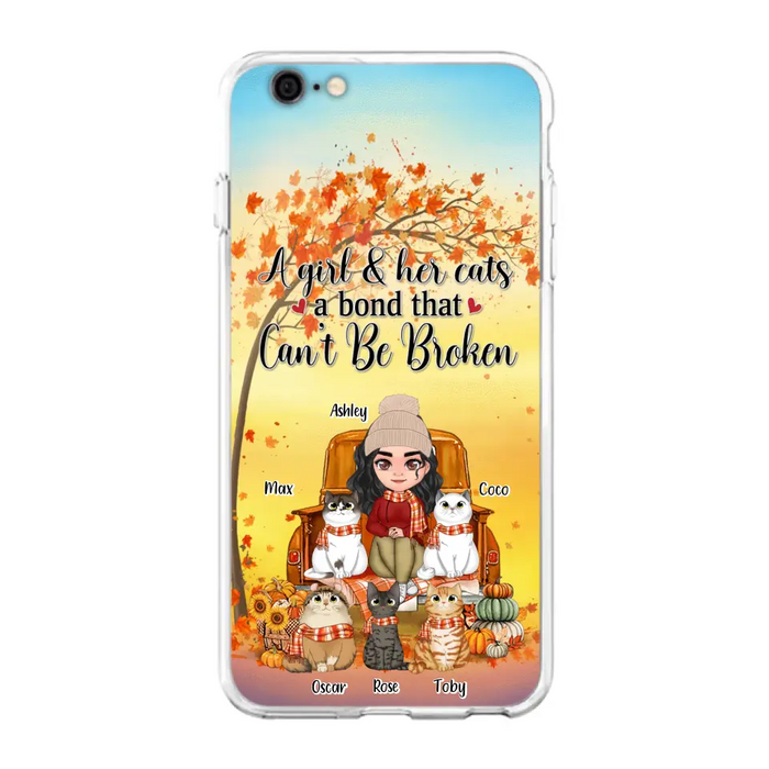 Custom Personalized Cat Mom Fall Season Phone Case - Gift Idea For Cat Owners - Upto 5 Cats -  Case For iPhone/Samsung - A Girl & Her Cats A Bond That Can't Be Broken