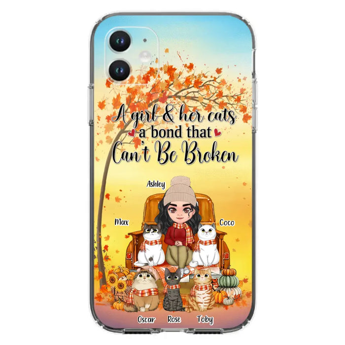 Custom Personalized Cat Mom Fall Season Phone Case - Gift Idea For Cat Owners - Upto 5 Cats -  Case For iPhone/Samsung - A Girl & Her Cats A Bond That Can't Be Broken