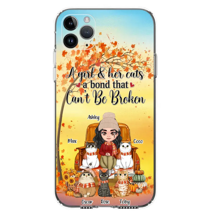 Custom Personalized Cat Mom Fall Season Phone Case - Gift Idea For Cat Owners - Upto 5 Cats -  Case For iPhone/Samsung - A Girl & Her Cats A Bond That Can't Be Broken