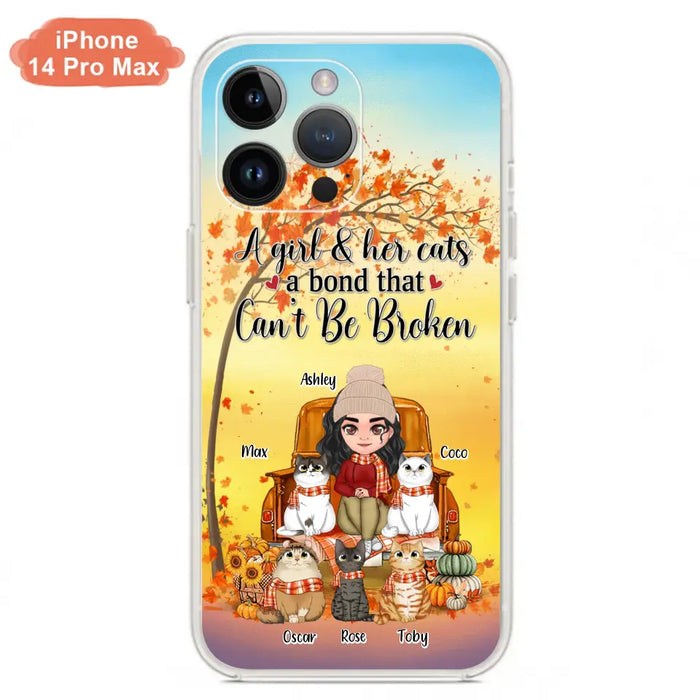 Custom Personalized Cat Mom Fall Season Phone Case - Gift Idea For Cat Owners - Upto 5 Cats -  Case For iPhone/Samsung - A Girl & Her Cats A Bond That Can't Be Broken