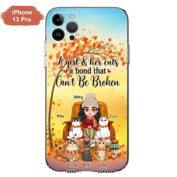 Custom Personalized Cat Mom Fall Season Phone Case - Gift Idea For Cat Owners - Upto 5 Cats -  Case For iPhone/Samsung - A Girl & Her Cats A Bond That Can't Be Broken